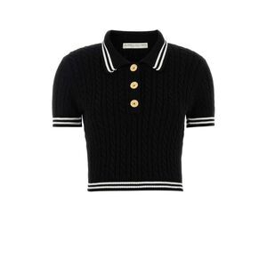ALESSANDRA RICH Cable Knit Cropped Polo Shirt Women BLACK T-Shirts & Tops